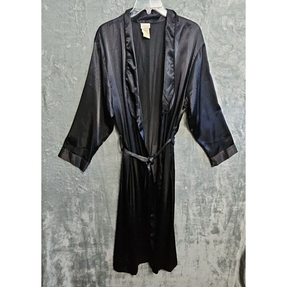 Intimate Moods Sz Med Women's Black Robe wrap & tie polyester 53 in Length